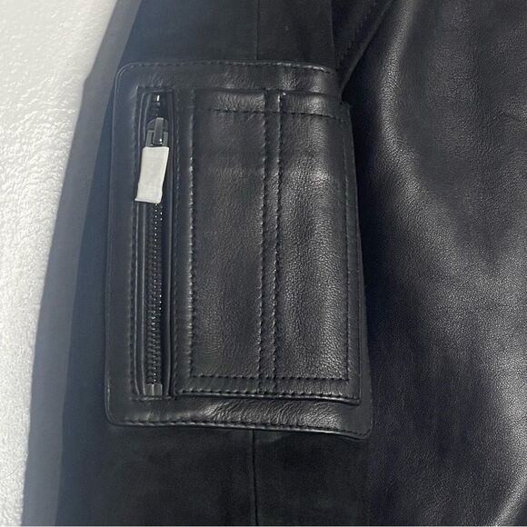 KARL LAGERFELD PARIS Size Small Neil Snap Front Black Leather Bomber Jacket - Picture 7 of 8